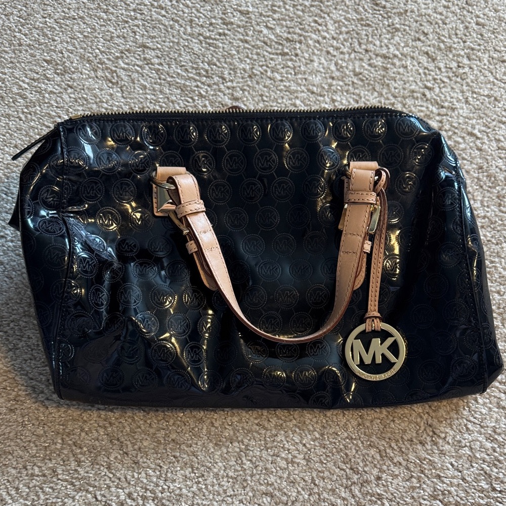 Michael Kors Black Shine Bag with Tan Straps